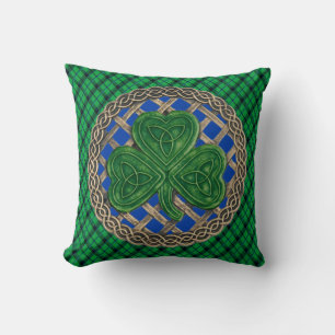 Coussin Bleu Shamrock Celtique Noeuds Sur Plaid Vert