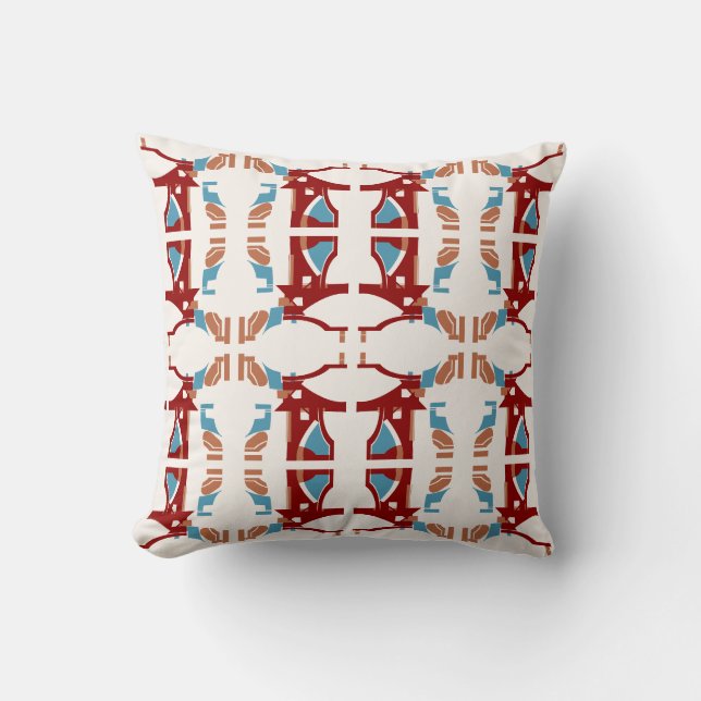 Coussin Bleu tan rouge foncé sur gros carreaux de mosaïque (Recto)