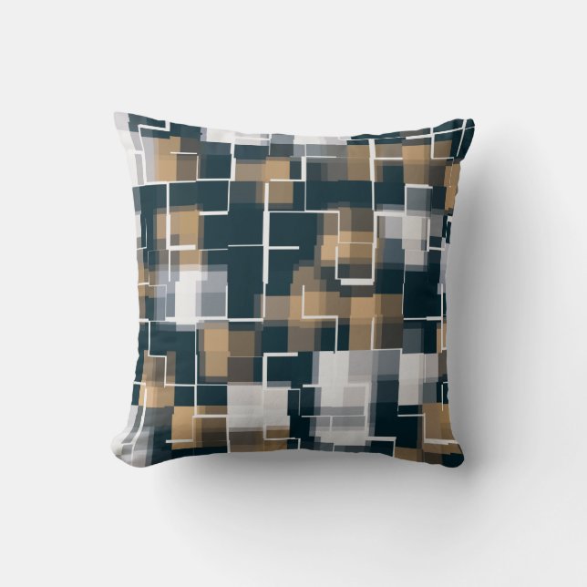 Coussin Bleu tendance Gold Brown noir blanc plaid (Recto)
