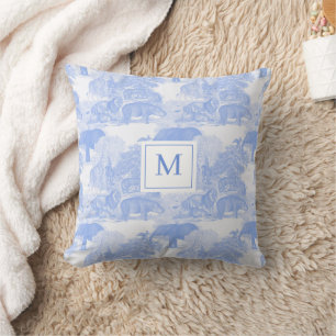 Coussin Bleu Toile Animaux Chinoiserie Bébé Garçon Monogra