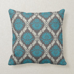 Coussin bleu turquoise crème et marron ravissant damassé