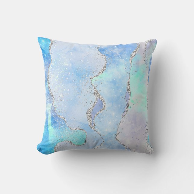 Coussin Bleu Vert Parties scintillant Argent Marbre Swirl  (Recto)