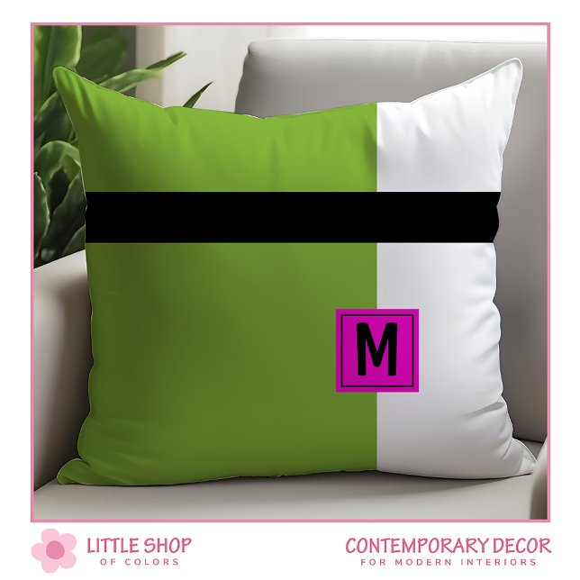 Coussin Bloc de couleur noire vert moderne Monogramme (Créateur téléchargé)