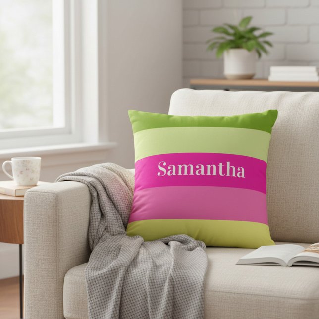 Coussin Bloc de couleur rayé rose et vert Monogram (Créateur téléchargé)