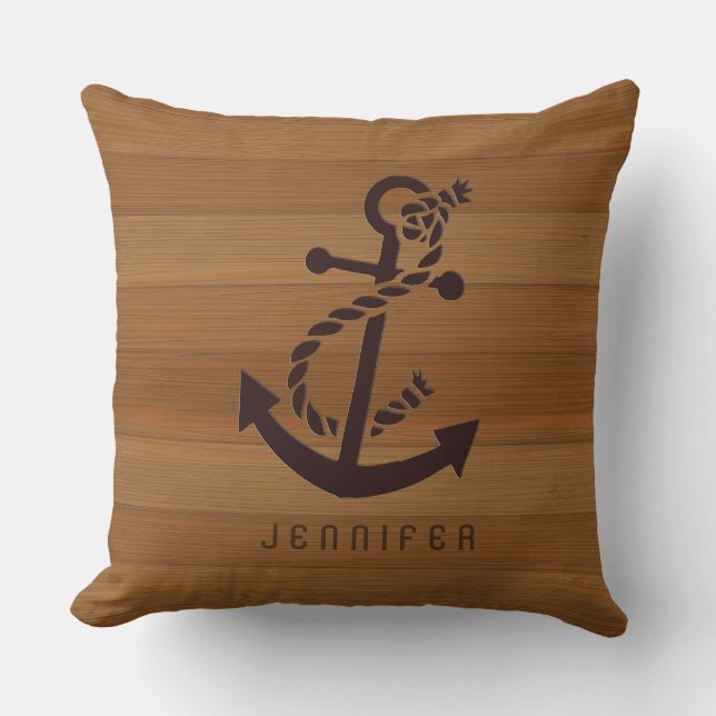 Coussin Blond Faux Wood et Ancre nautique Brown (Recto)