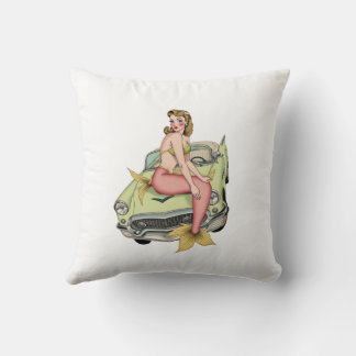 Coussin Blonde Mermaid on Vintage Green Car Watercolor Ill