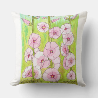 Coussin Blooming Pink Hollyhocks Watercolor