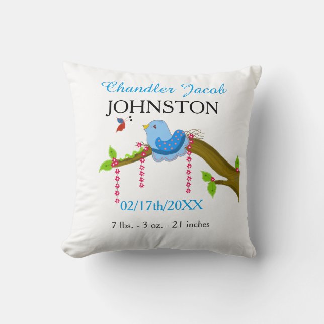 Coussin Blue Bird Baby Faire-part de naissance (Recto)