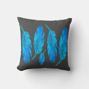 Coussin Blue boho feathers blue and gray