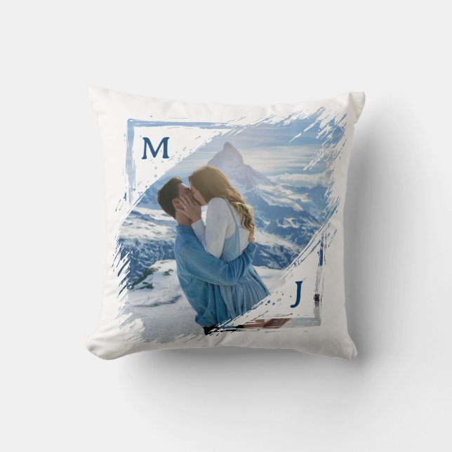 Coussin Blue Couple Photo Keepsake First Christmas Engaged (Recto)