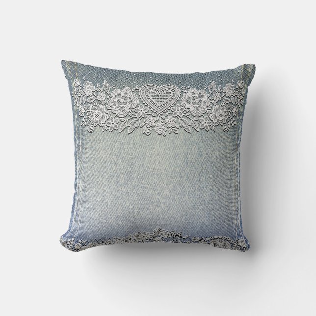 Coussin Blue Denim Jean & White Heart Lace (Recto)