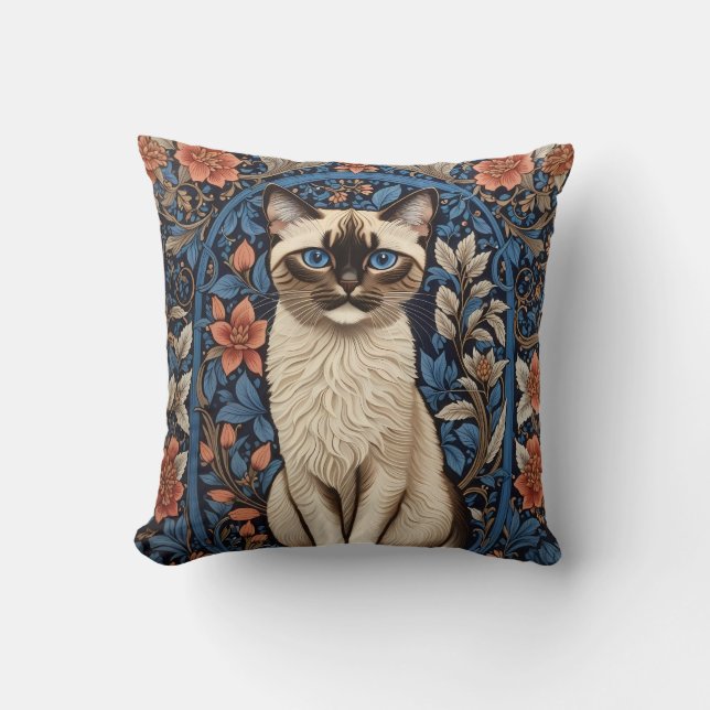 Coussin Blue Eyed Siamese Chat William Morris Inspiré (Recto)