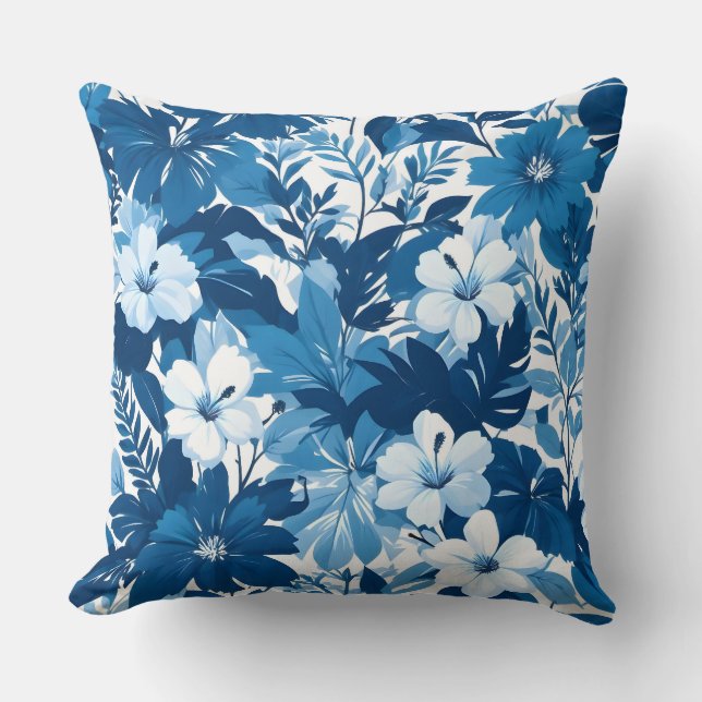 Coussin Blue Floral Pattern Decorative Throw Pillow (Recto)