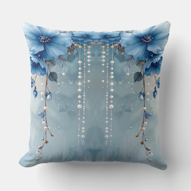 Coussin Blue Flowers and Pearls Throw Pillow (Recto)