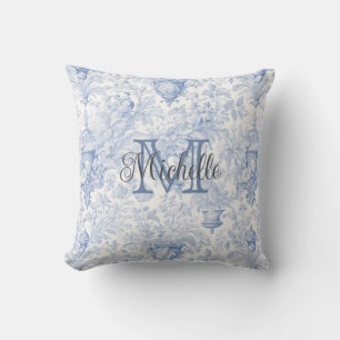 Coussin Blue French Toile de Jouy Monogramme Nom initial