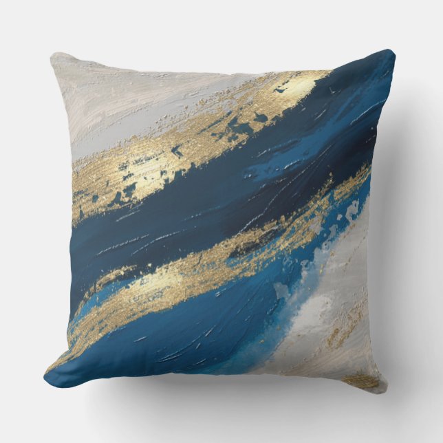 Coussin Blue Gold Abstrait Brushstrokes chic moderne (Recto)