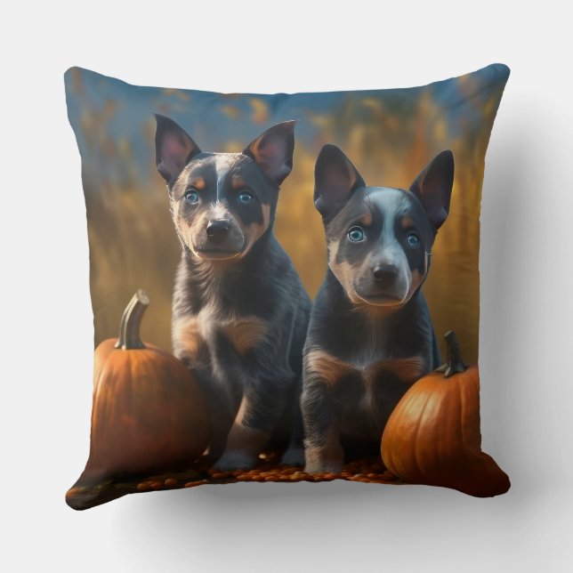 Coussin Blue Heeler Chiot Automne Citrouille de plaisir (Verso)