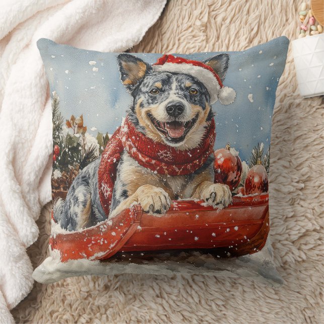 Coussin Blue Heeler Dog in Sledge Let it Snow Christmas (Couverture)