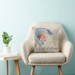 Coussin Blue My First Christmas Baby Photo