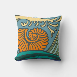Coussin Blue Ocean Waves Nautilus Seashell Motif Nouveau