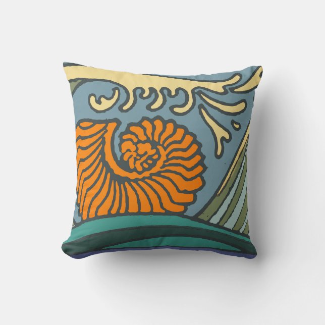Coussin Blue Ocean Waves Nautilus Seashell Motif Nouveau (Recto)