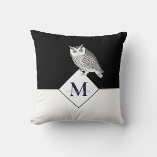 Coussin Blue Owl Grey Monogramme Nom Salle de bain Bain Ma