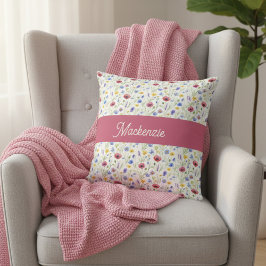 Coussin Blue Pink Wildflower Botanical Monogram Name
