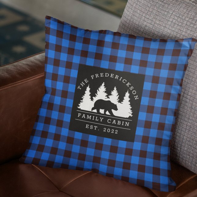 Coussin Blue Rustic Plaid Bear Woods Cabine de famille (Créateur téléchargé)