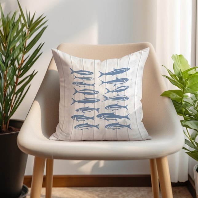 Coussin Blue Sardines Sea Life Océan Nautique Blanc Bois (Blue sardine pattern pillow)
