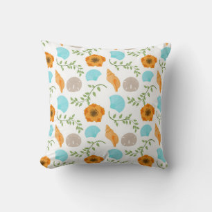 Coussin Blue Seashells Sea Snail Orange Flower