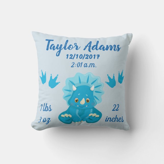 Coussin Blue Triceratops Dinosaur Birth Stats Nursery (Recto)
