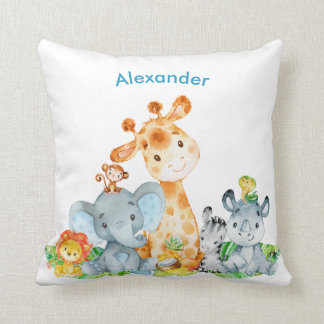 Coussin Blue Watercolor Cute Safari Jungle Animaux