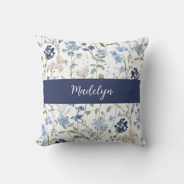 Coussin Blue Watercolor Wildflower Monogram Name (Recto)
