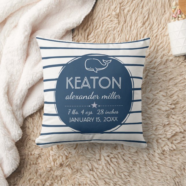 Coussin Blue Whale Nautical Baby Boy Statistiques de naiss (Couverture)
