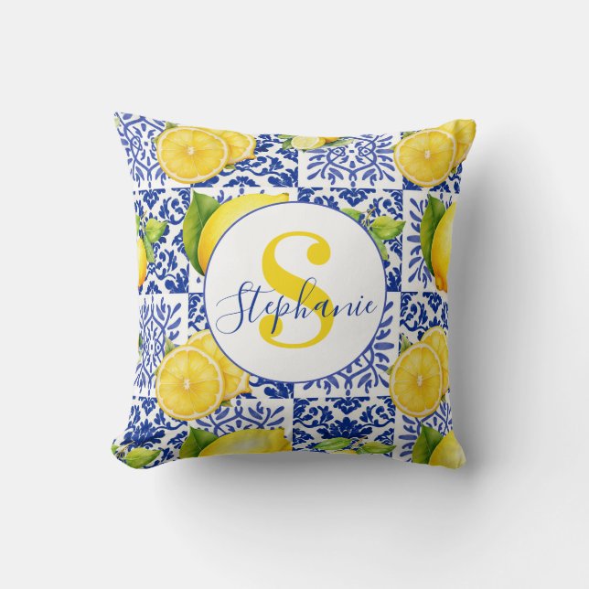 Coussin Blue White Lemon Tile Pattern Citrus Monogram Name (Recto)