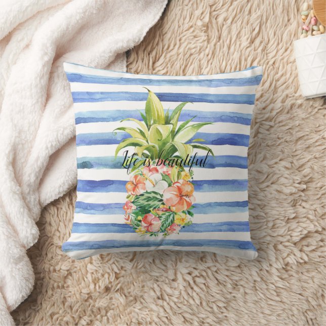 Coussin Blue White Stripes Tropical Floral Pineapple (Couverture)