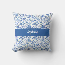 Coussin Blue White Vintage Floral Personalized Name