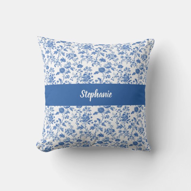 Coussin Blue White Vintage Floral Personalized Name (Recto)