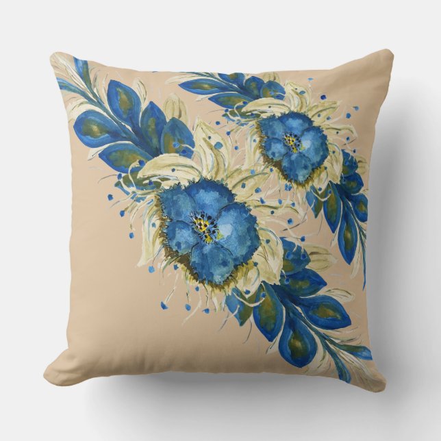 Coussin Blue Wreath Floral Watercolor Hand-painted White (Recto)