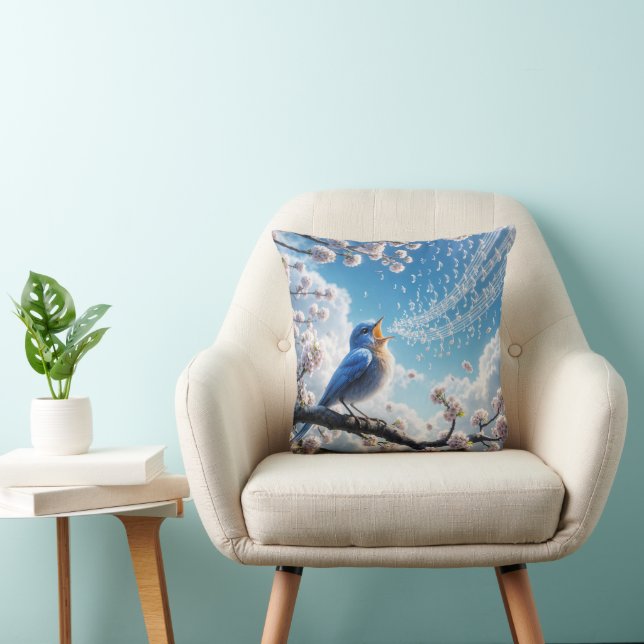 Coussin Bluebird chante sur une branche de cerisier (Chaise)