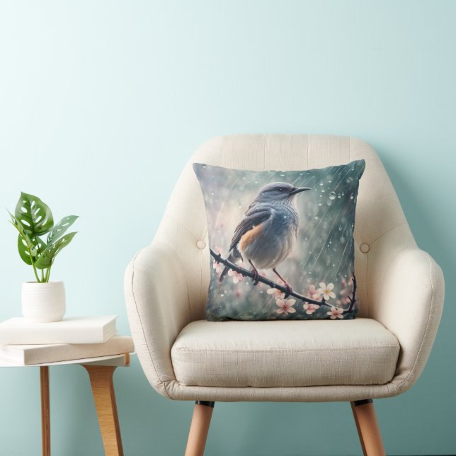 Coussin Bluebird dans une fenêtre pluvieuse (Chaise)