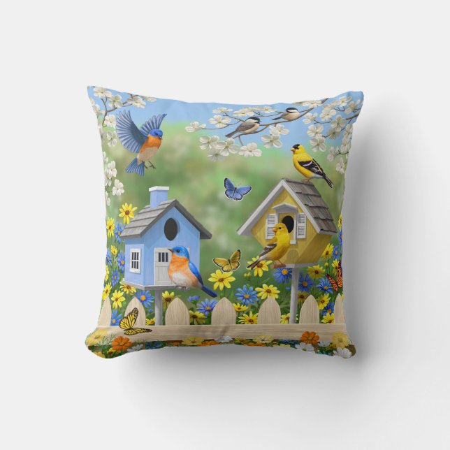 Coussin Bluebirds Goldfinches Birdhouses Jardin aux fleurs (Recto)