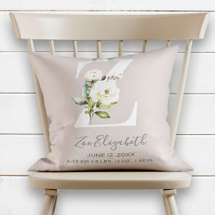 Coussin Blush Pink Floral Letter Z Baby Script Birth Stats