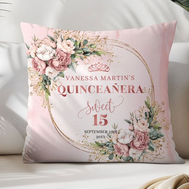 Coussin Blush Pink Flowers Eucalyptus Perfect Gift 15th (Blush Pink Flowers Eucalyptus Perfect Gift 15 Pillow)