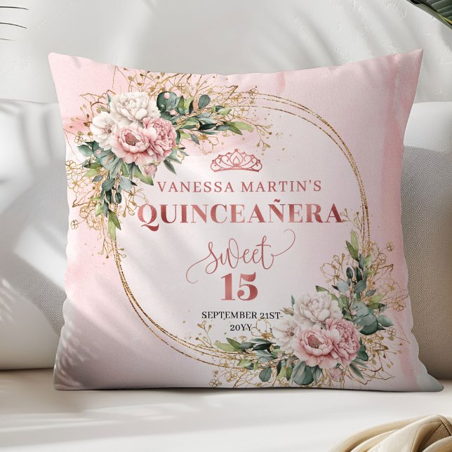 Coussin Blush Pink Flowers Eucalyptus Quinceañera Gift   (Blush Pink Flowers Eucalyptus Quinceañera Gift Pillow)