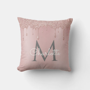 Coussin Blush Pink Glitter Drips Monogramme Élégant Script