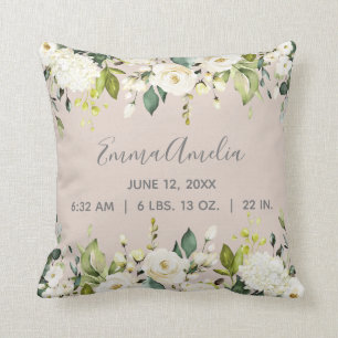 Coussin Blush rose blanc floral Bébé Script statistiques d