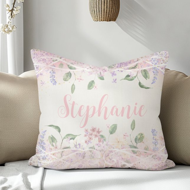 Coussin Blush rose Floral Nom personnalisé (Créateur téléchargé)