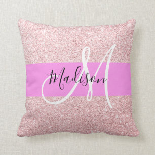 Coussin Blush Rose Glitter Monogramme Rose Doré Pailleté