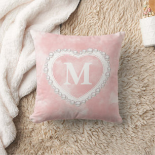 Coussin Blush Rose Monogramme Coeur Perle Aquarelle 